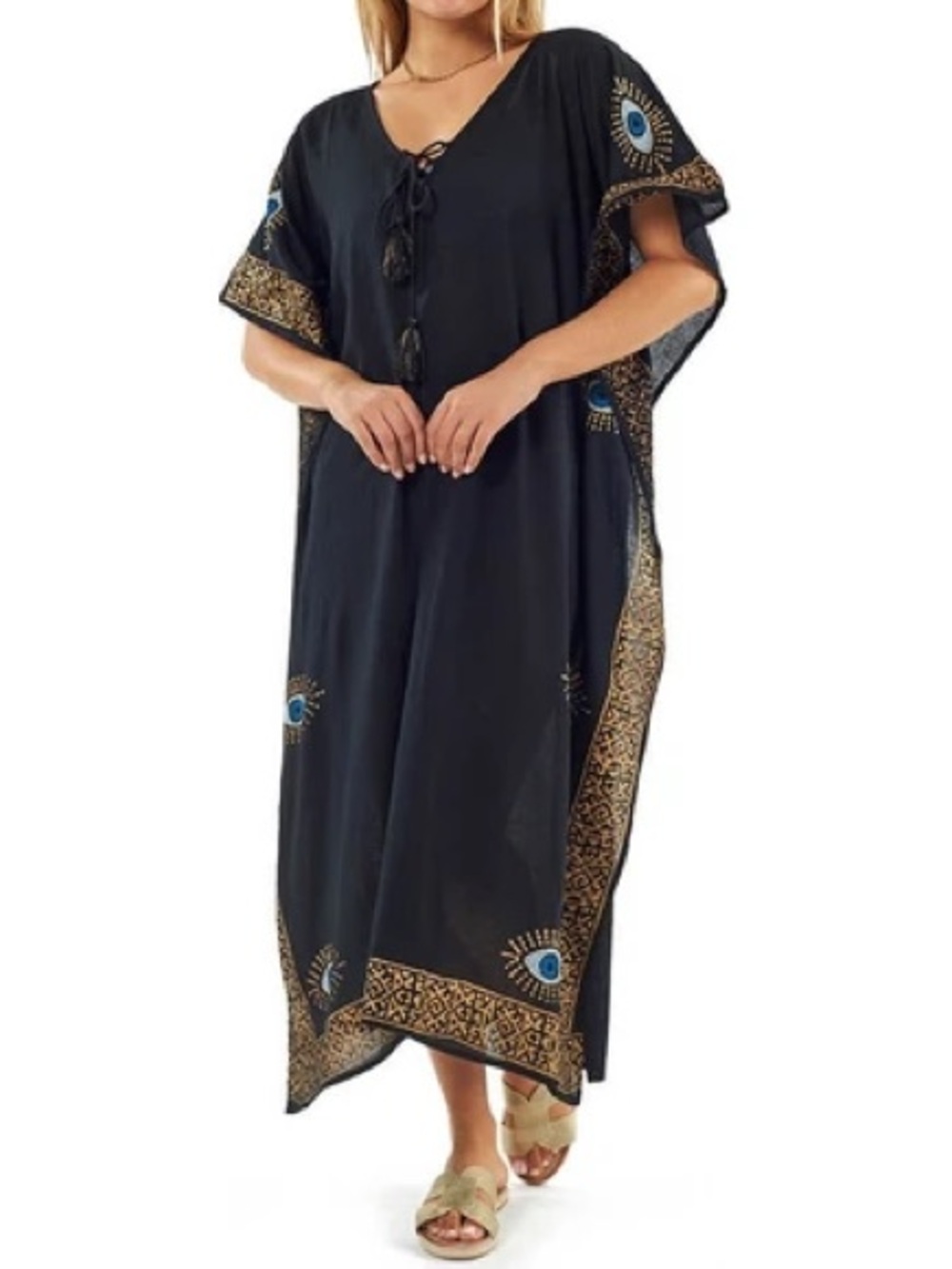 Black Evil Eye Gold Accent Kaftan Boho Coastal Luxe Mediterranean Cotton Coverup - Picture 3 of 12